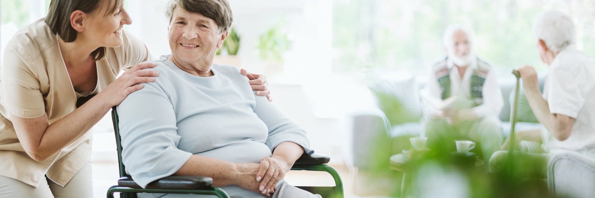 Happy caregiver with elder patient on the wheelchair